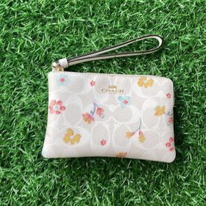 Coach Mystical Floral Print Corner Zip Wristlet In Signature Canvas Gold / Chalk